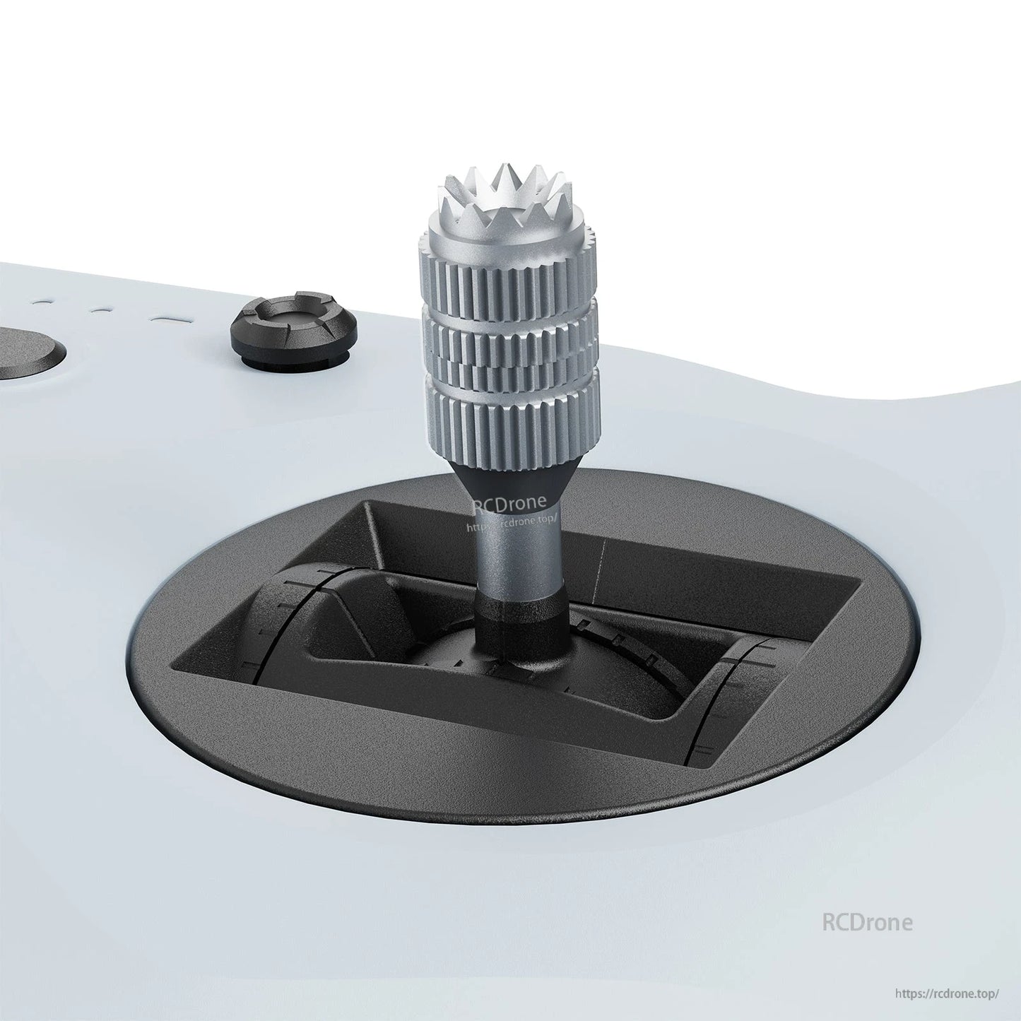 Gimbal control stick close-up on BETAFPV LiteRadio 4 transmitter, showing metal stick end and stick travel