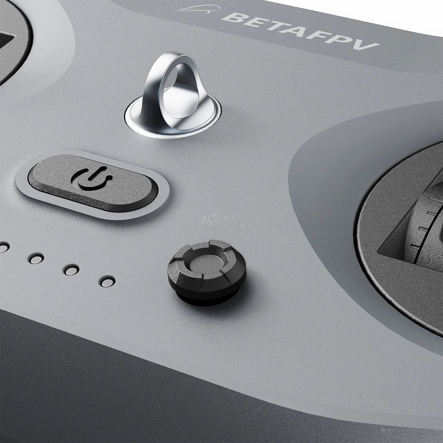 Top panel close-up (dark color) with lanyard loop, power button, LED row, and trim button