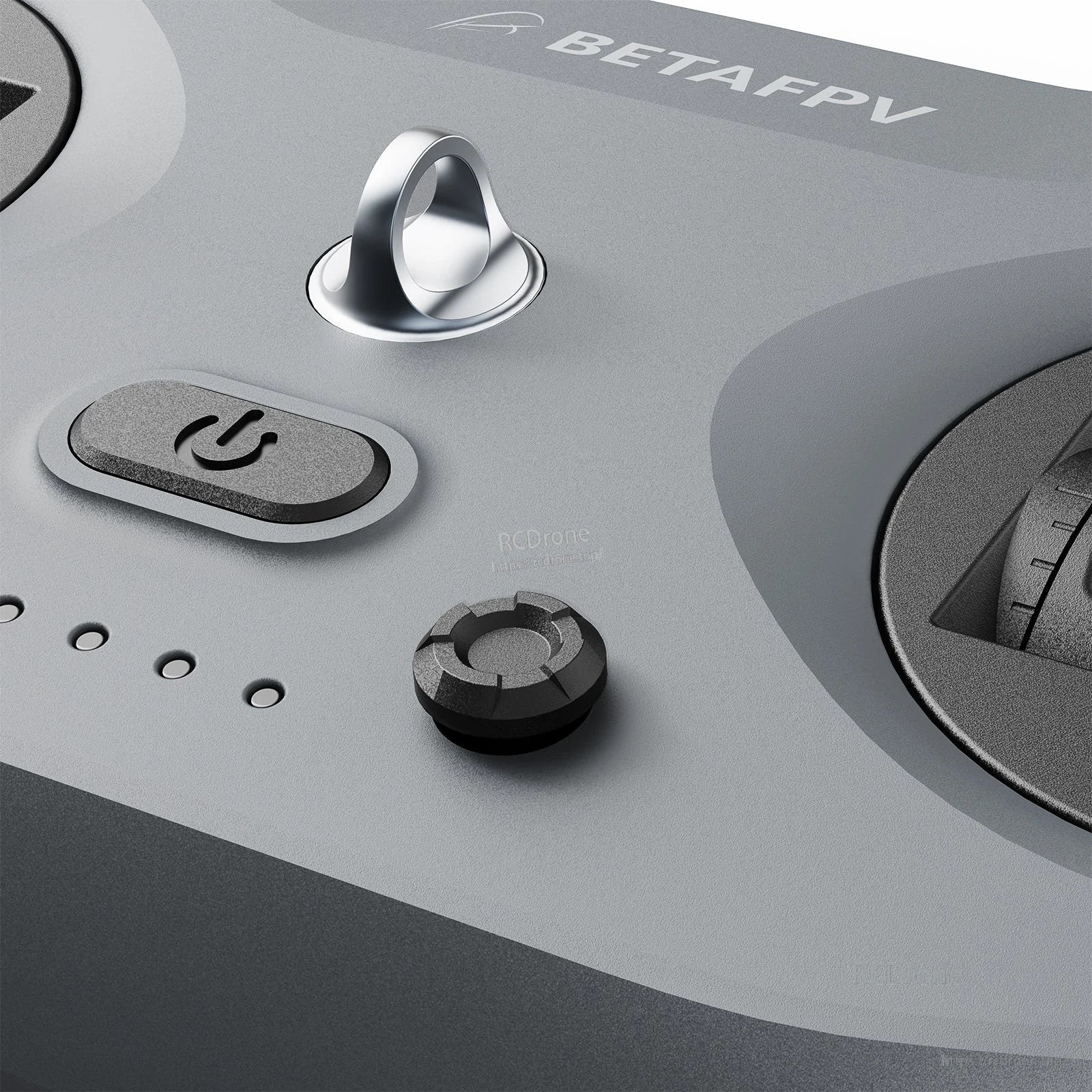 Top panel close-up (dark color) with lanyard loop, power button, LED row, and trim button