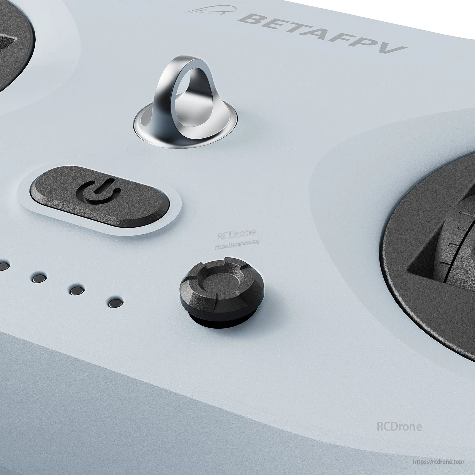 Top panel close-up with lanyard loop, power button, status LED row, and trim button on LiteRadio 4