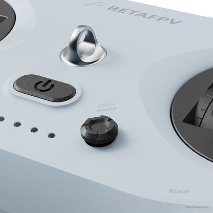 Top panel close-up with lanyard loop, power button, status LED row, and trim button on LiteRadio 4