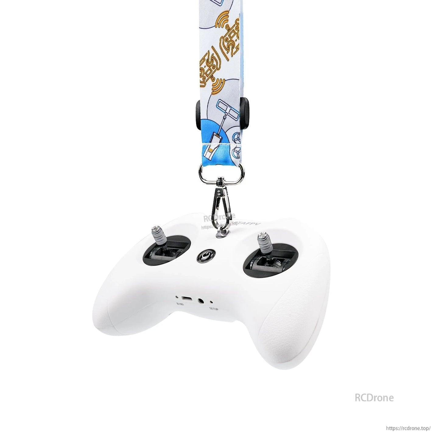 Printed neck strap attached to a white LiteRadio transmitter controller, showing clip connection point