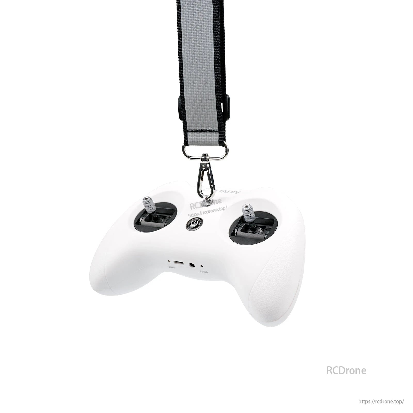 Grey adjustable neck strap clipped to a white LiteRadio transmitter controller for hands-free carrying