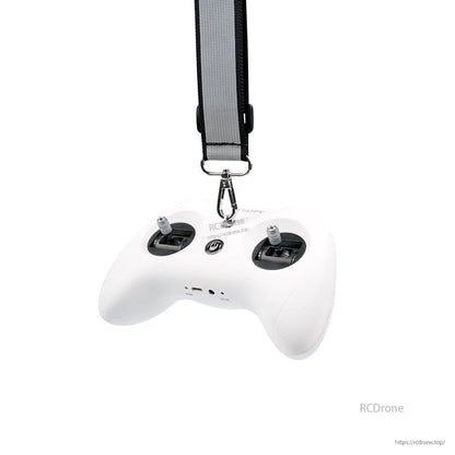 Grey adjustable neck strap clipped to a white LiteRadio transmitter controller for hands-free carrying