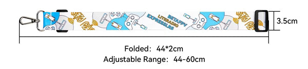 White printed neck strap size diagram showing 3.5 cm width and 44–60 cm adjustable length range