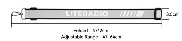Reflective black neck strap size diagram showing 3.5 cm width and 47–64 cm adjustable length range