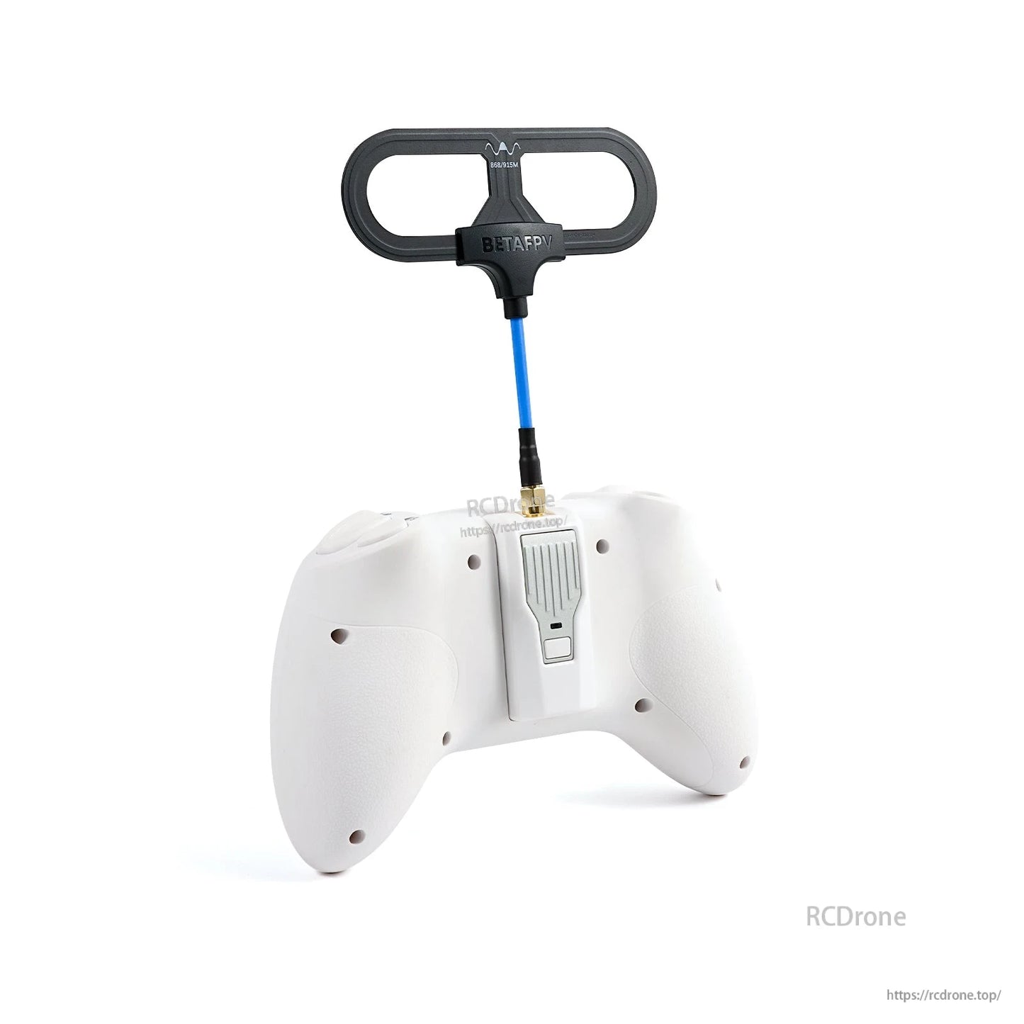 Rear view of white RC transmitter with loop antenna mounted on top via SMA connector, straight-on angle