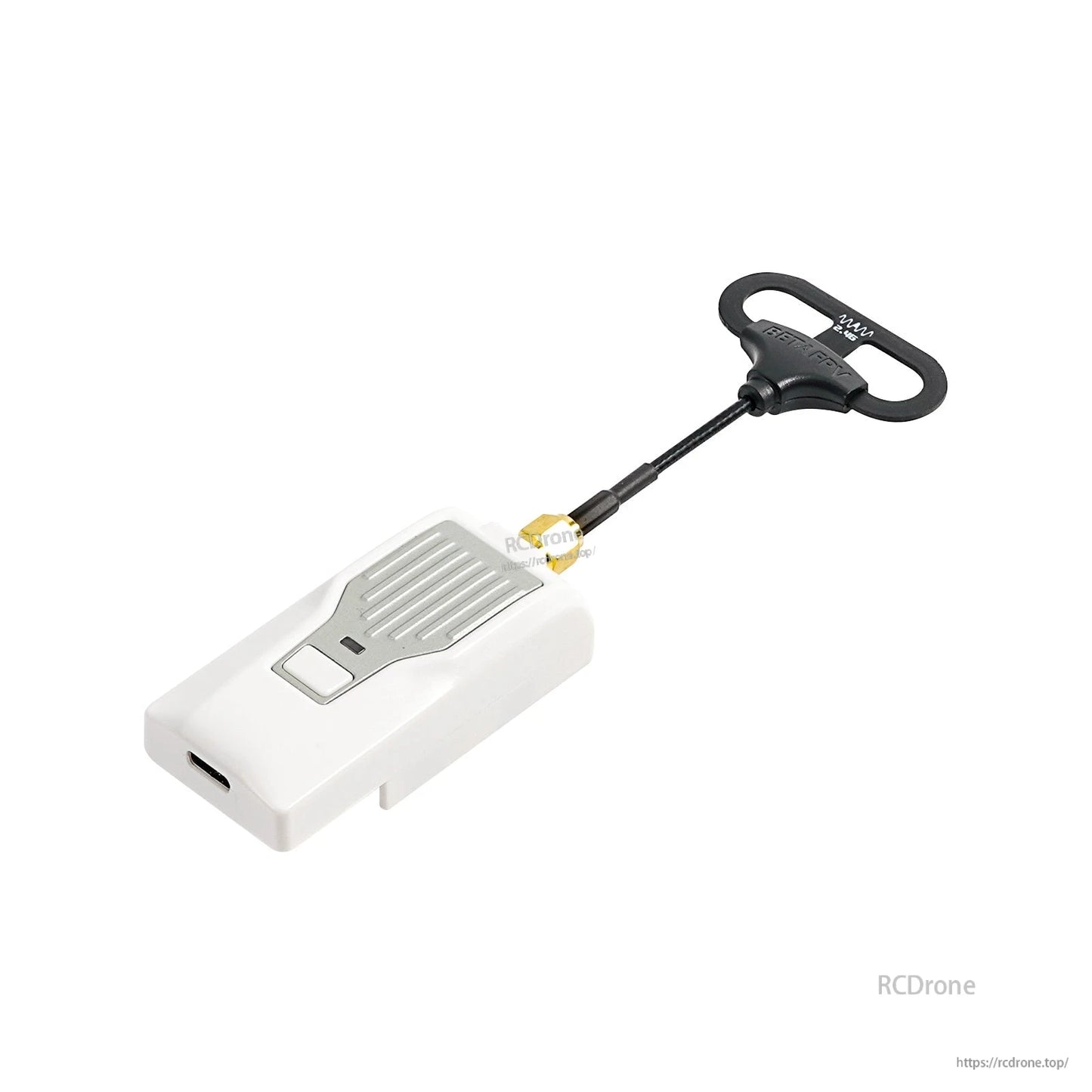 Loop antenna attached to a white radio transmitter module with SMA connector, antenna positioned off to the side