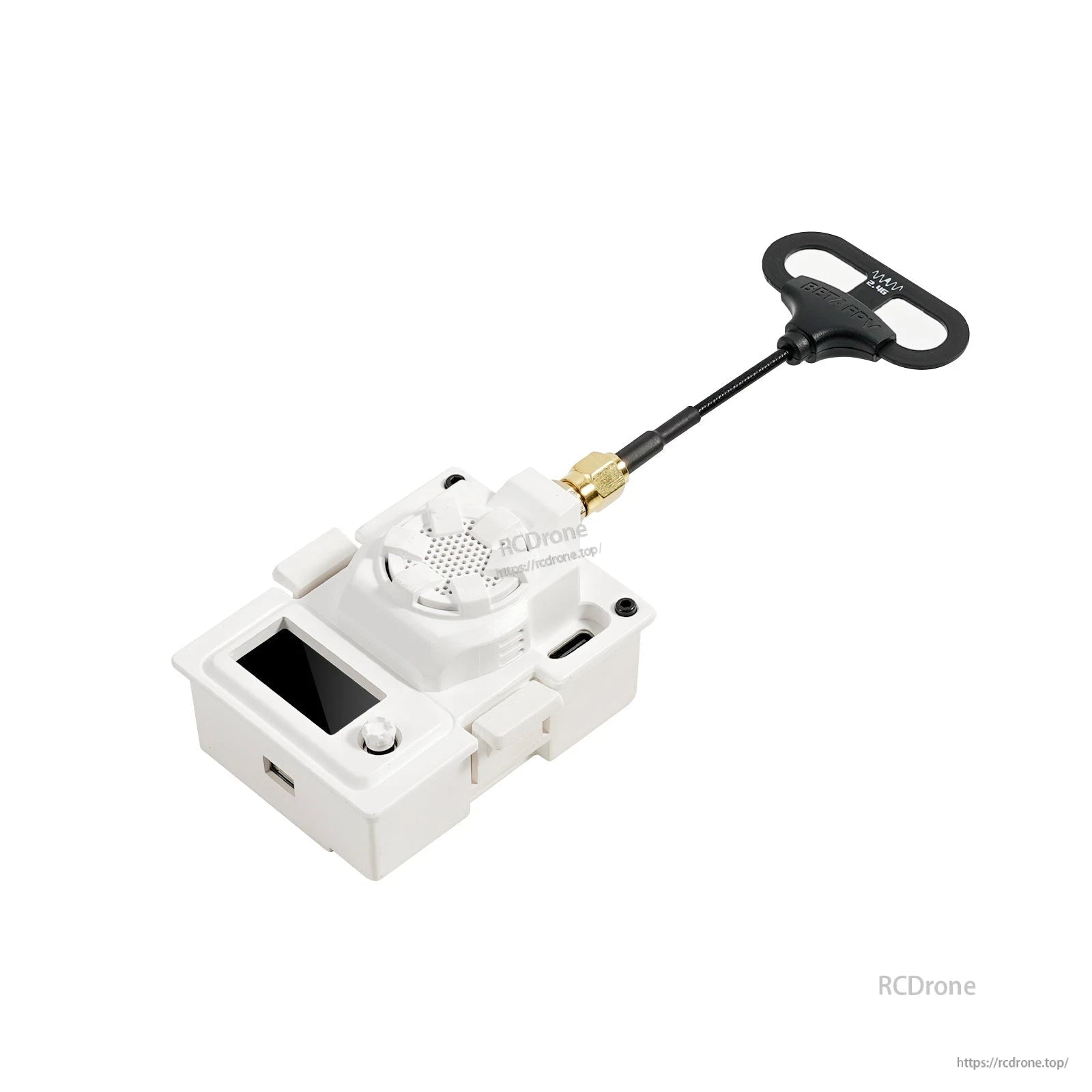 Loop antenna connected to a white FPV receiver module via SMA port, compact loop head on short cable