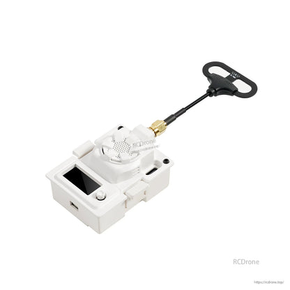 Loop antenna connected to a white FPV receiver module via SMA port, compact loop head on short cable