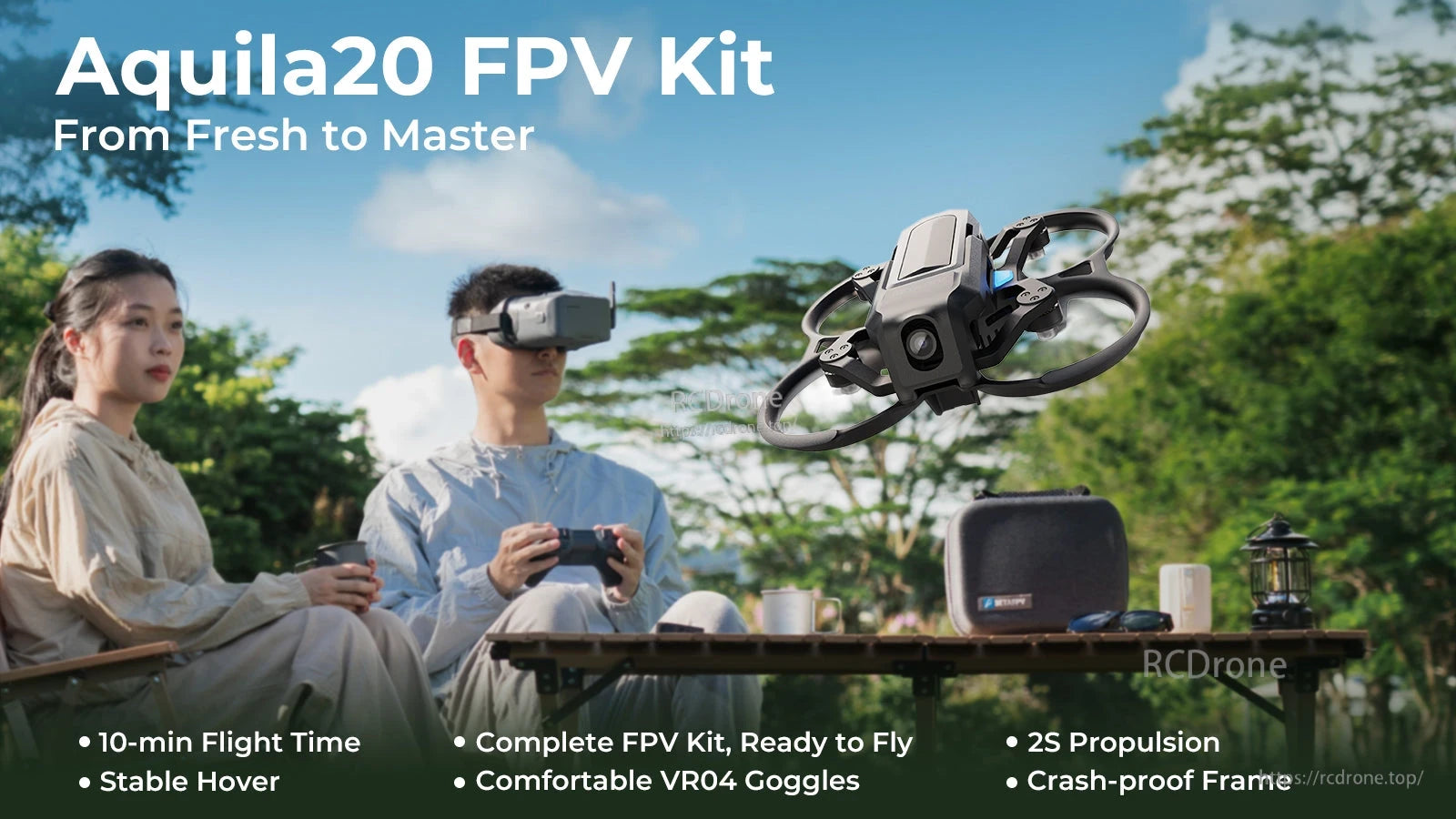 BETAFPV, Aquila20 FPV Kit includes VR04 goggles, 2S propulsion, crash-proof frame, 10-minute flight, and stable hover—everything for beginners.