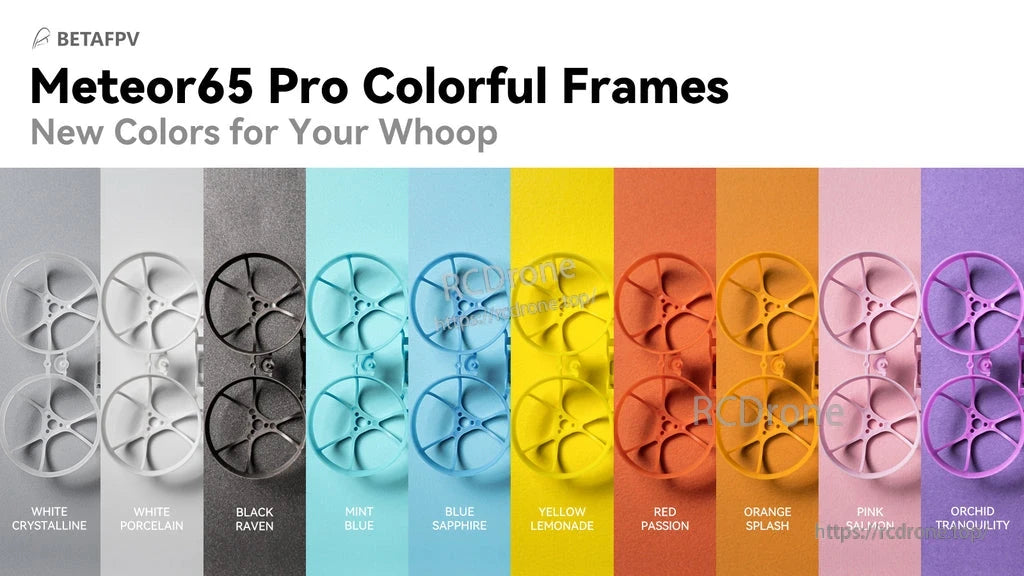 Meteor65 Pro colorful frame options display, including white, black, mint blue, blue, yellow, red, orange, pink, and purple