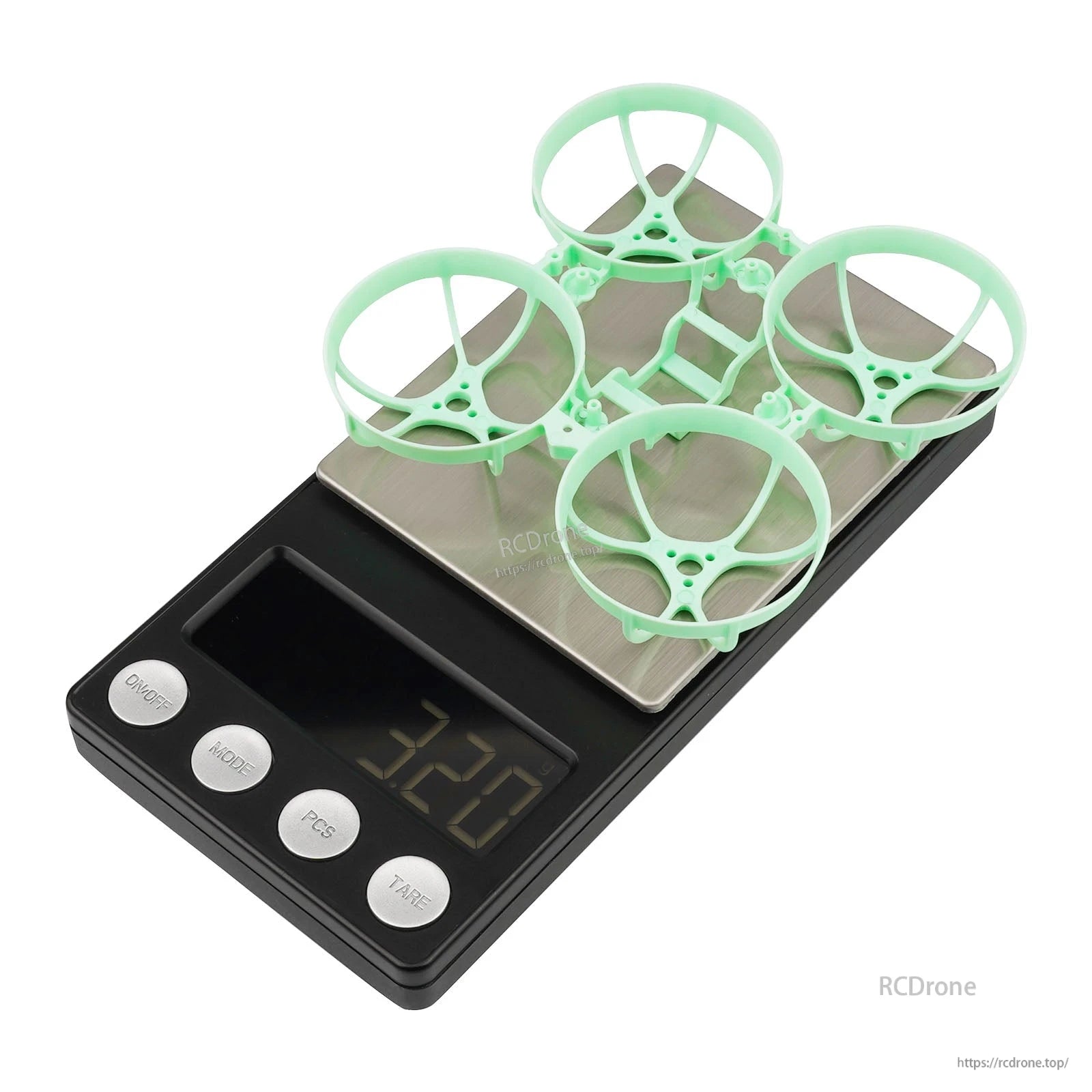 Light green Meteor65 Pro frame on digital scale showing 3.20g weight