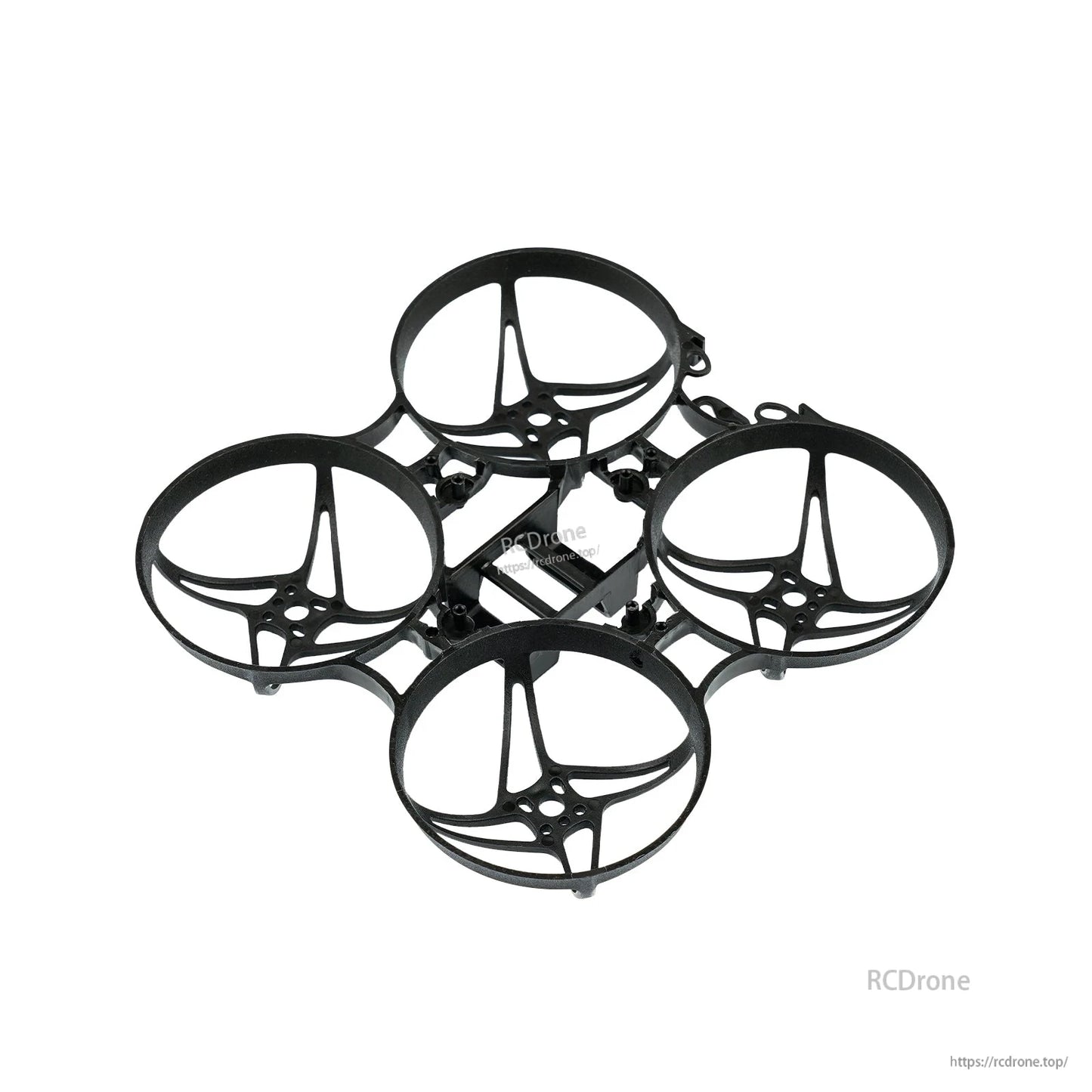 Black 75mm micro whoop frame with four ducts, angled view showing motor mount pattern