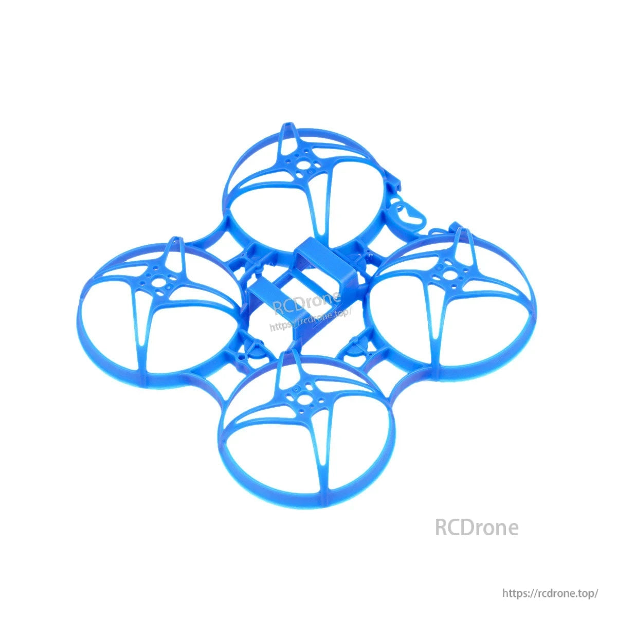 Blue ducted whoop frame for 75mm micro quad, side-angled view of guard rings and supports
