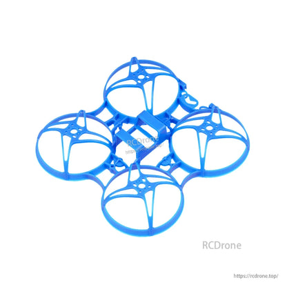 Blue ducted whoop frame for 75mm micro quad, side-angled view of guard rings and supports