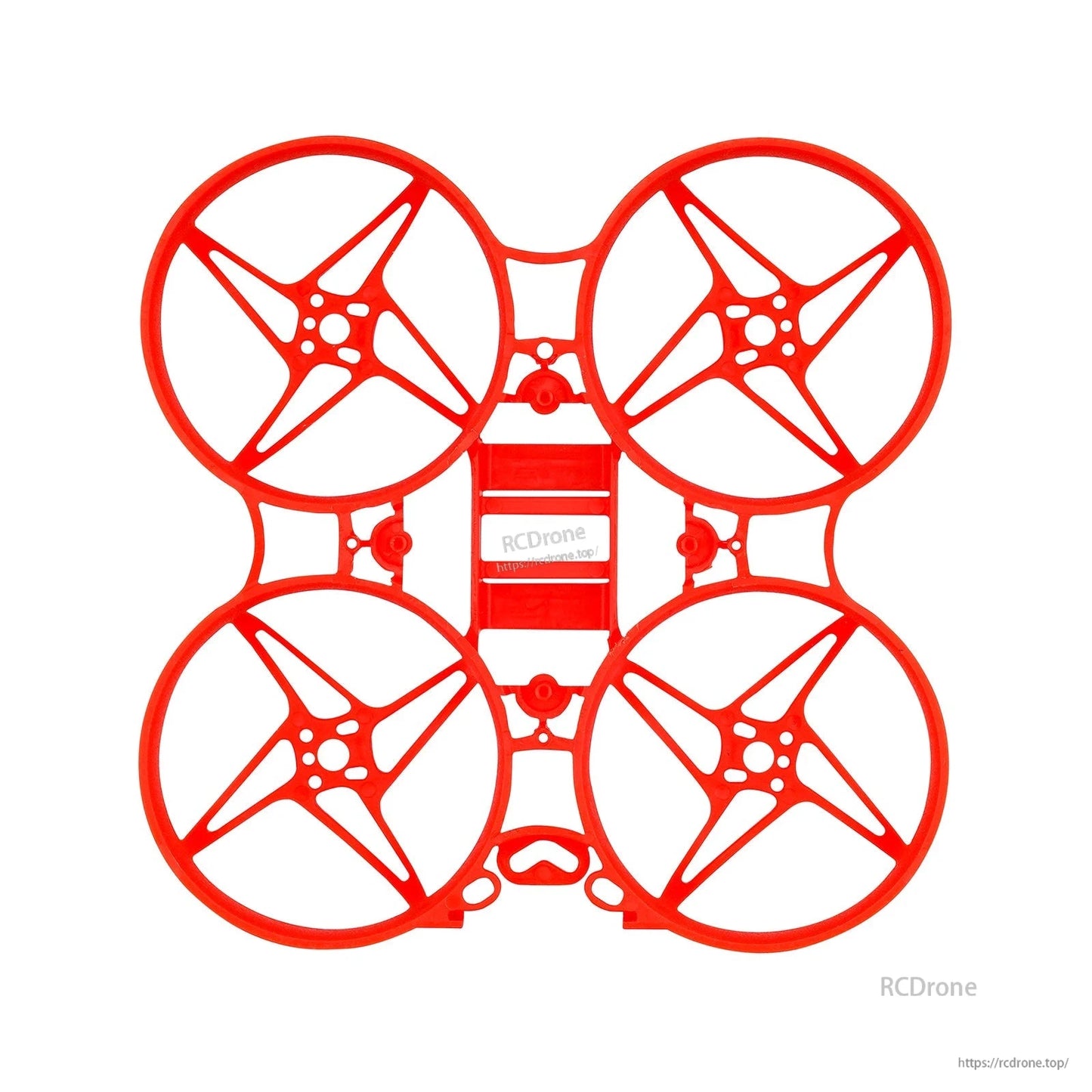 Red 75mm whoop frame, top view of ducted prop guards and central brace