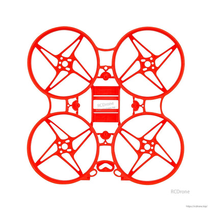 Red 75mm whoop frame, top view of ducted prop guards and central brace