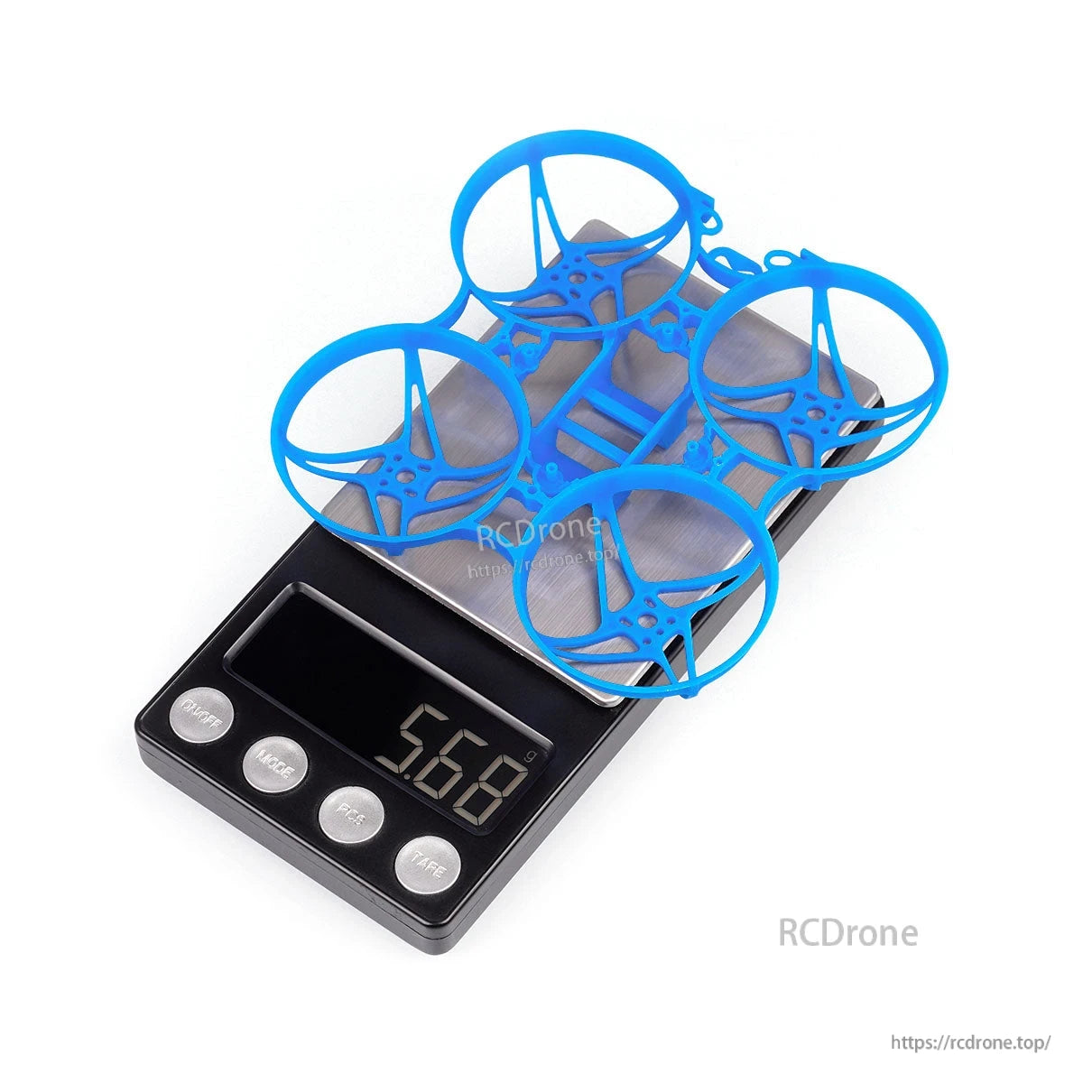 Blue Meteor75 whoop frame on digital scale showing 5.68 g weight
