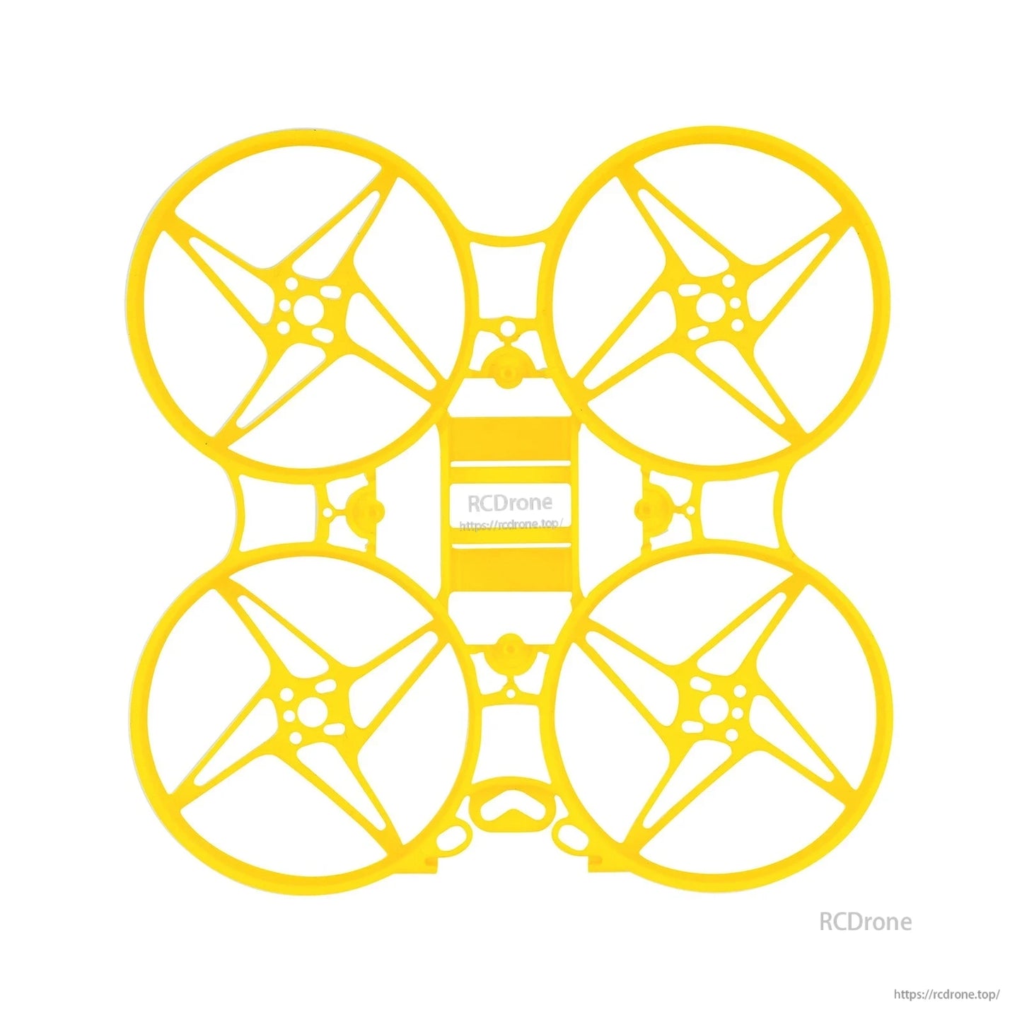 Yellow Meteor75 micro whoop frame, top view with four circular ducts and center mounting slots