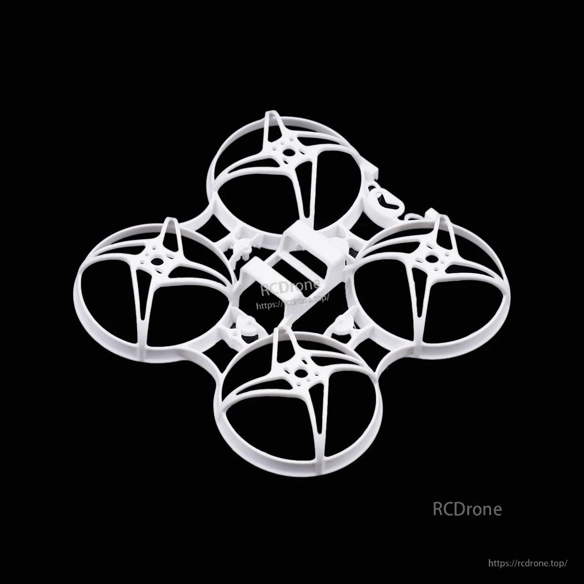 White Meteor75 micro whoop frame, underside angle showing center brace and motor mount holes