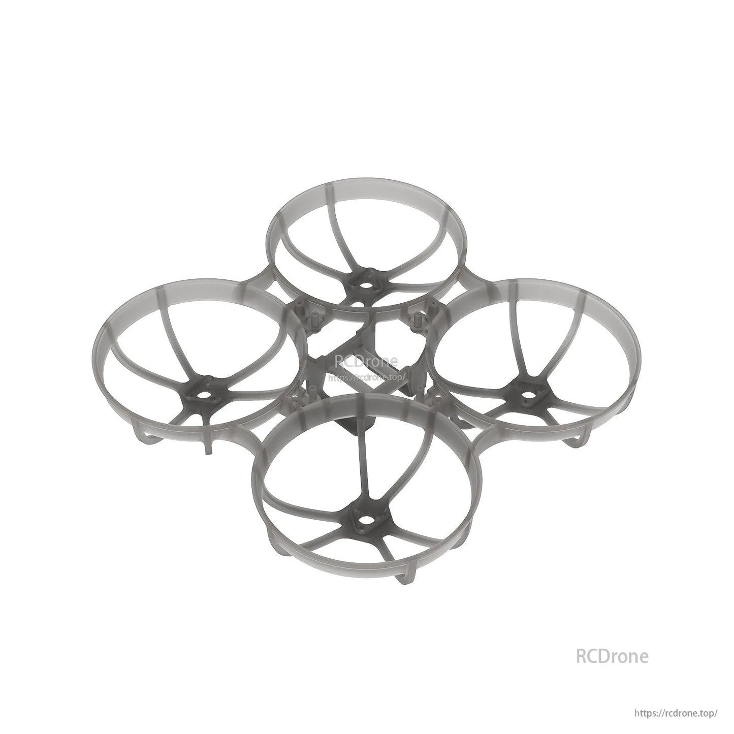 Translucent gray ducted whoop frame, angled view showing guard height and supports