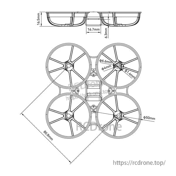 Meteor75 Pro frame dimension drawing with 80.8mm wheelbase, 16.7mm battery slot width, and motor mount hole layout
