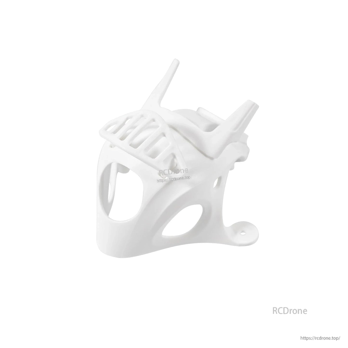 White micro camera canopy, front-left view showing camera opening, side vents, and mounting tab