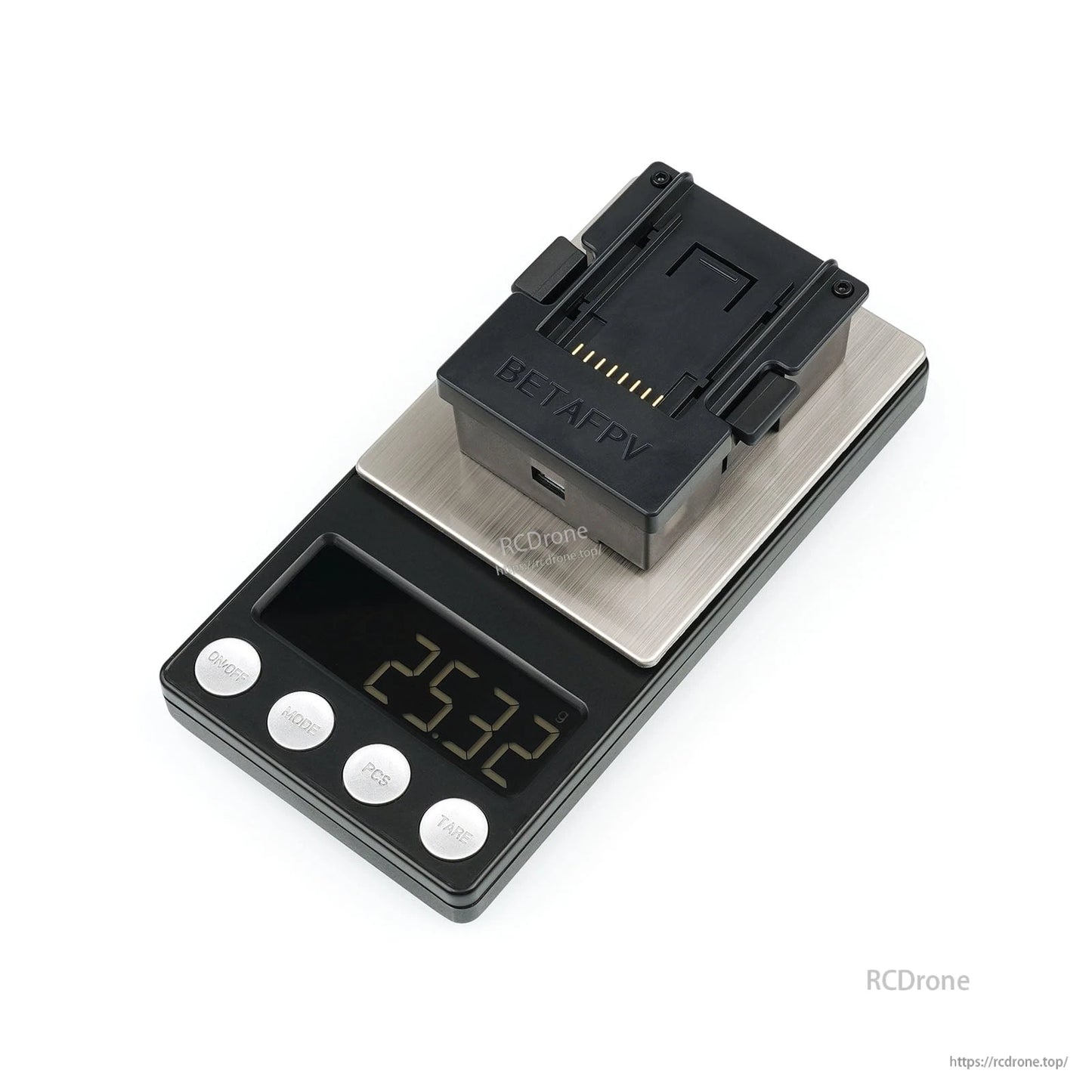 BETAFPV adapter on digital scale showing weight reading 25.32 g