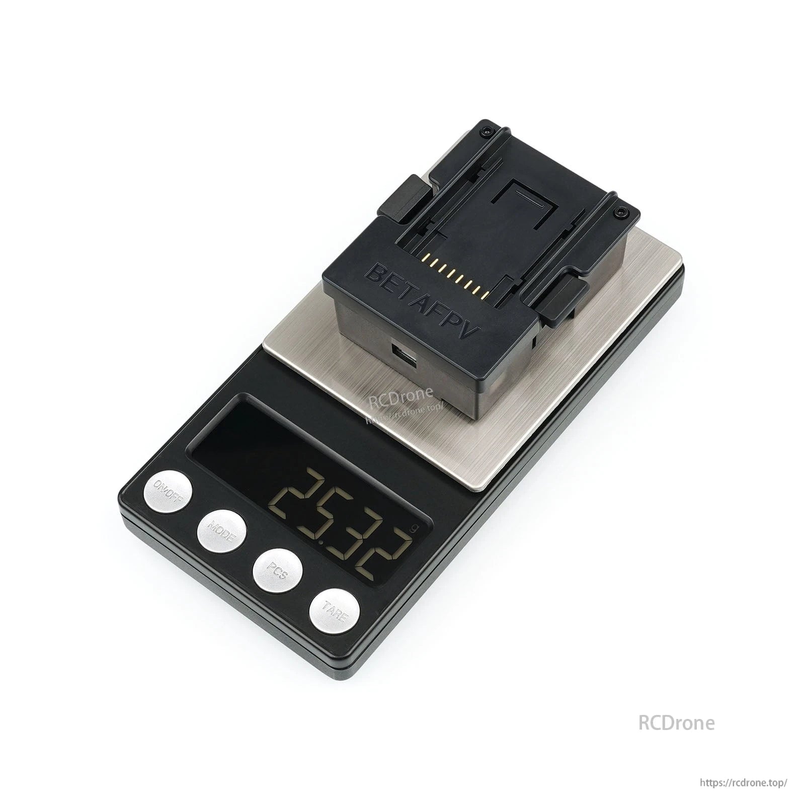 BETAFPV adapter on digital scale showing weight reading 25.32 g