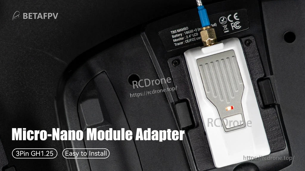 BETAFPV Micro-Nano Module Adapter installed on a TBS Mambo radio, easy-install module bay converter