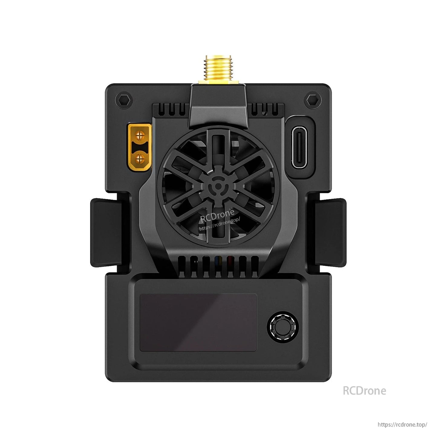 Front view of Micro TX V2 module showing cooling fan, OLED display window, 5D button and SMA port