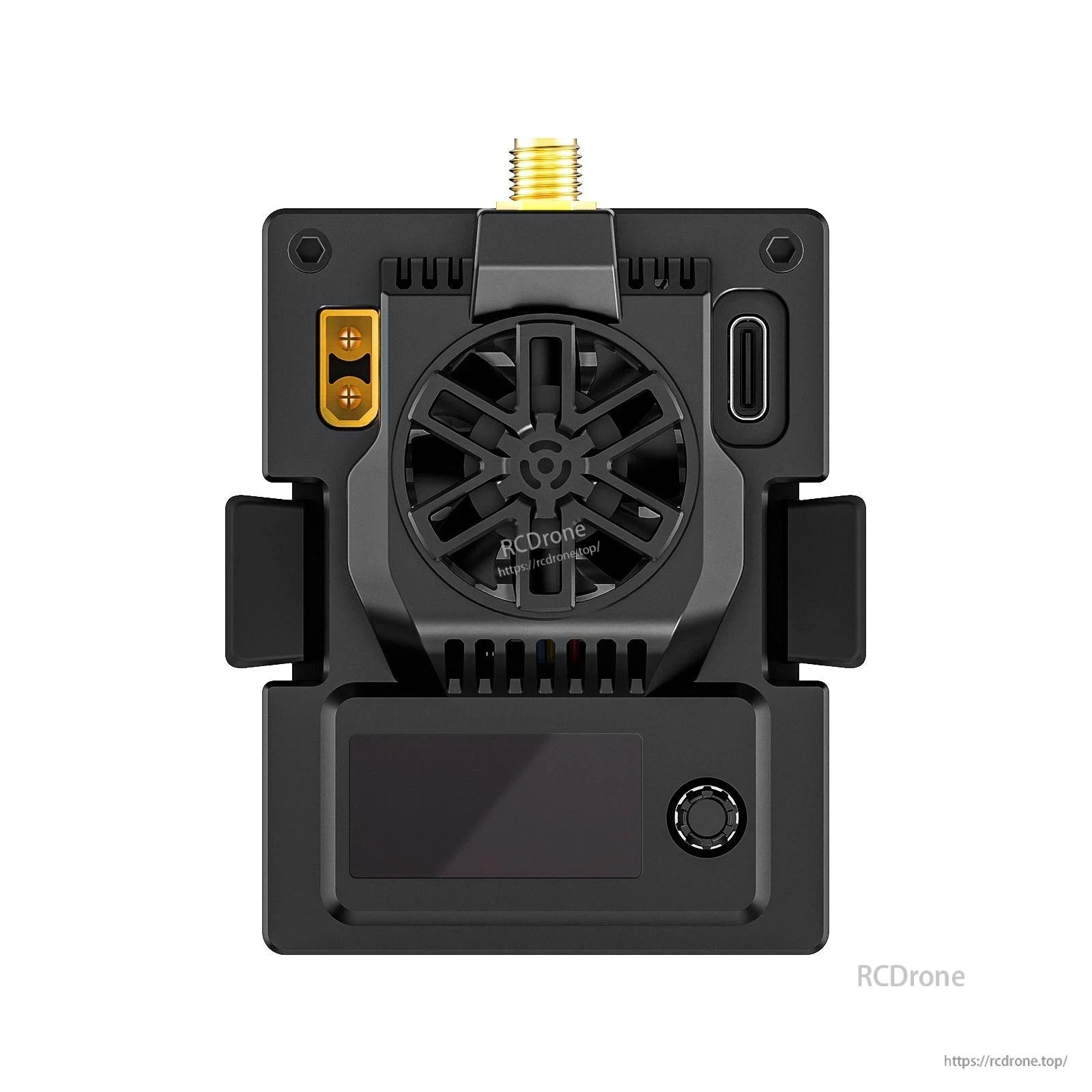 Front view of Micro TX V2 module showing cooling fan, OLED display window, 5D button and SMA port