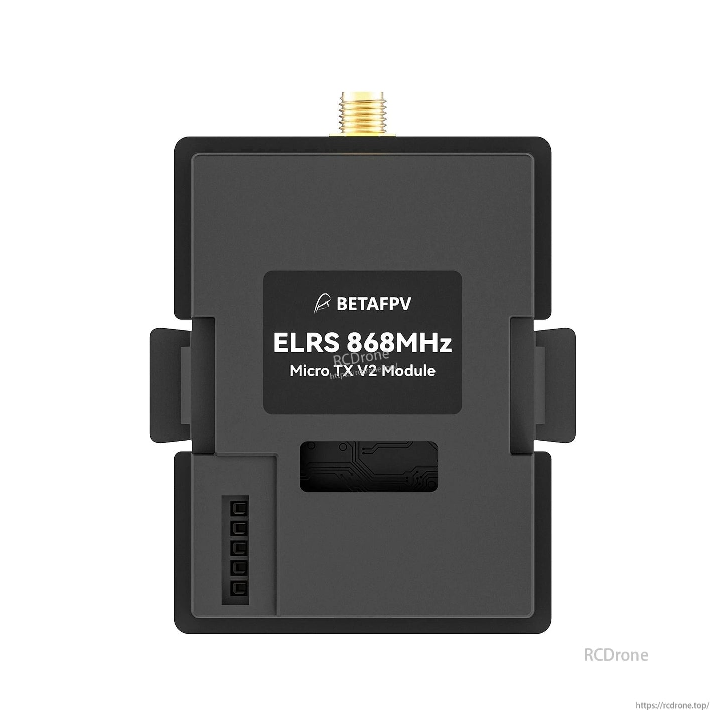 Back view label reading BETAFPV ELRS 868MHz Micro TX V2 Module, rear case and pins