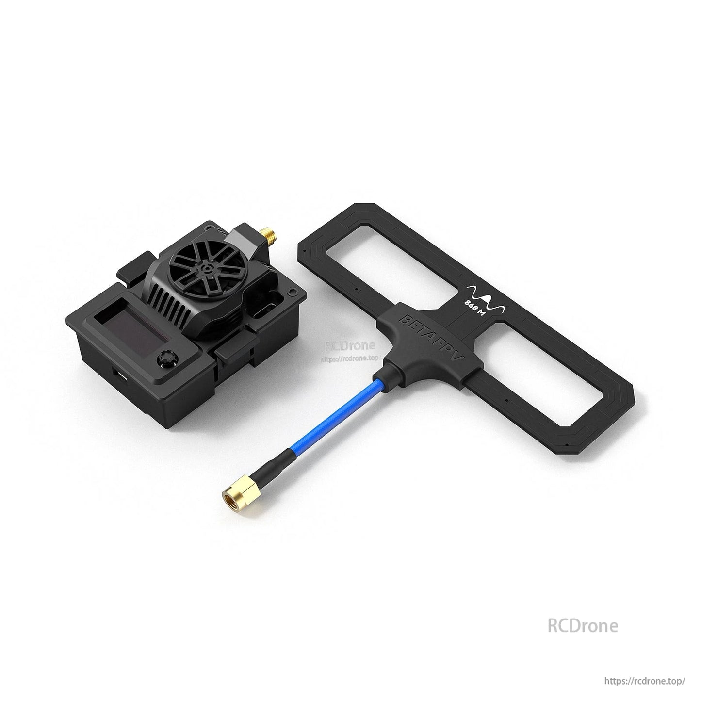 BETAFPV Micro TX V2 module beside T-antenna, cable and SMA connector detail