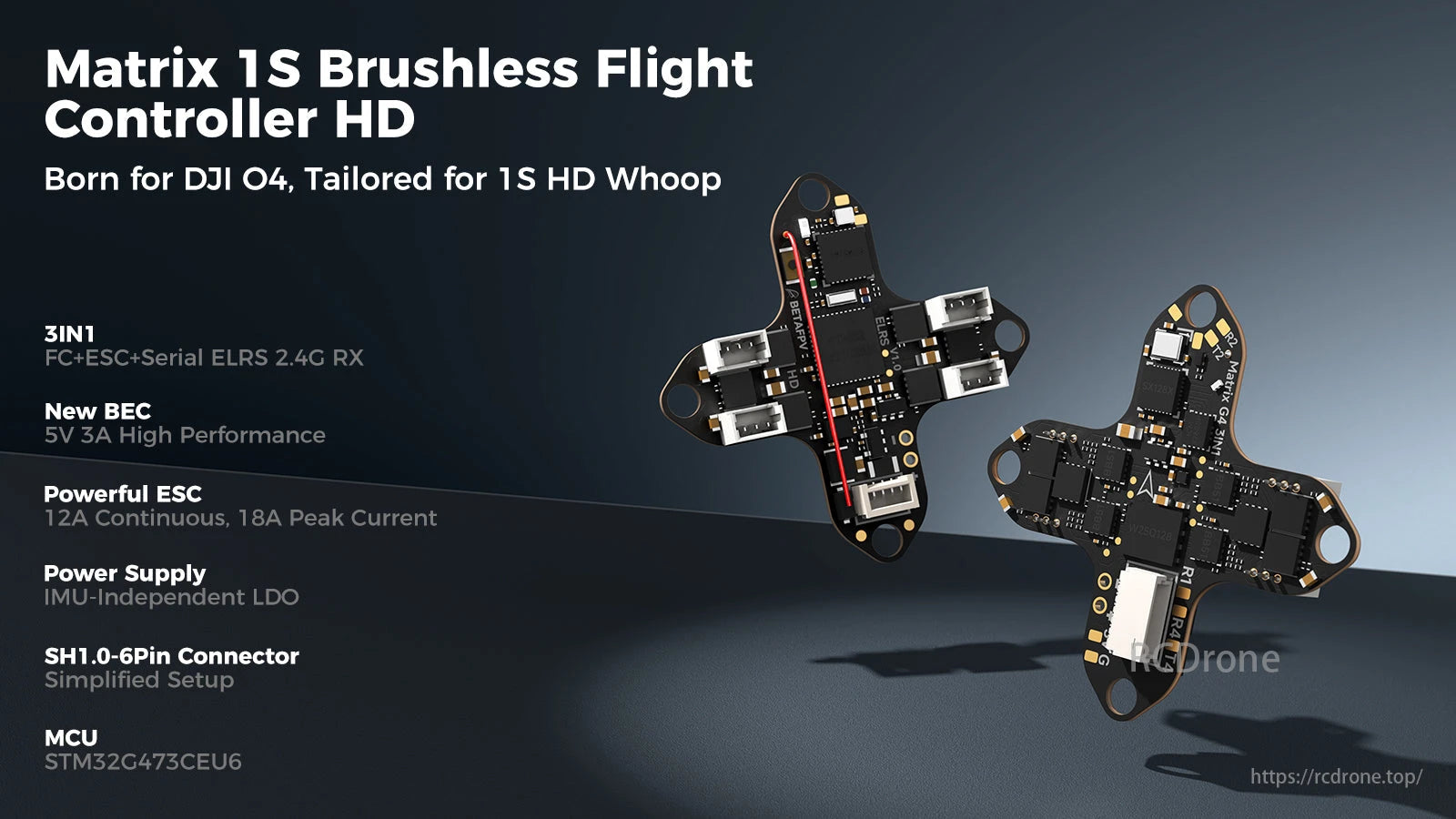 BETAFPV, Matrix 1S Brushless Flight Controller HD for DJI O4/1S Whoop, with 3IN1 design, powerful ESC, high-performance BEC, IMU LDO, SH1.0 connector, and STM32G473CEU6 MCU for advanced flight control.