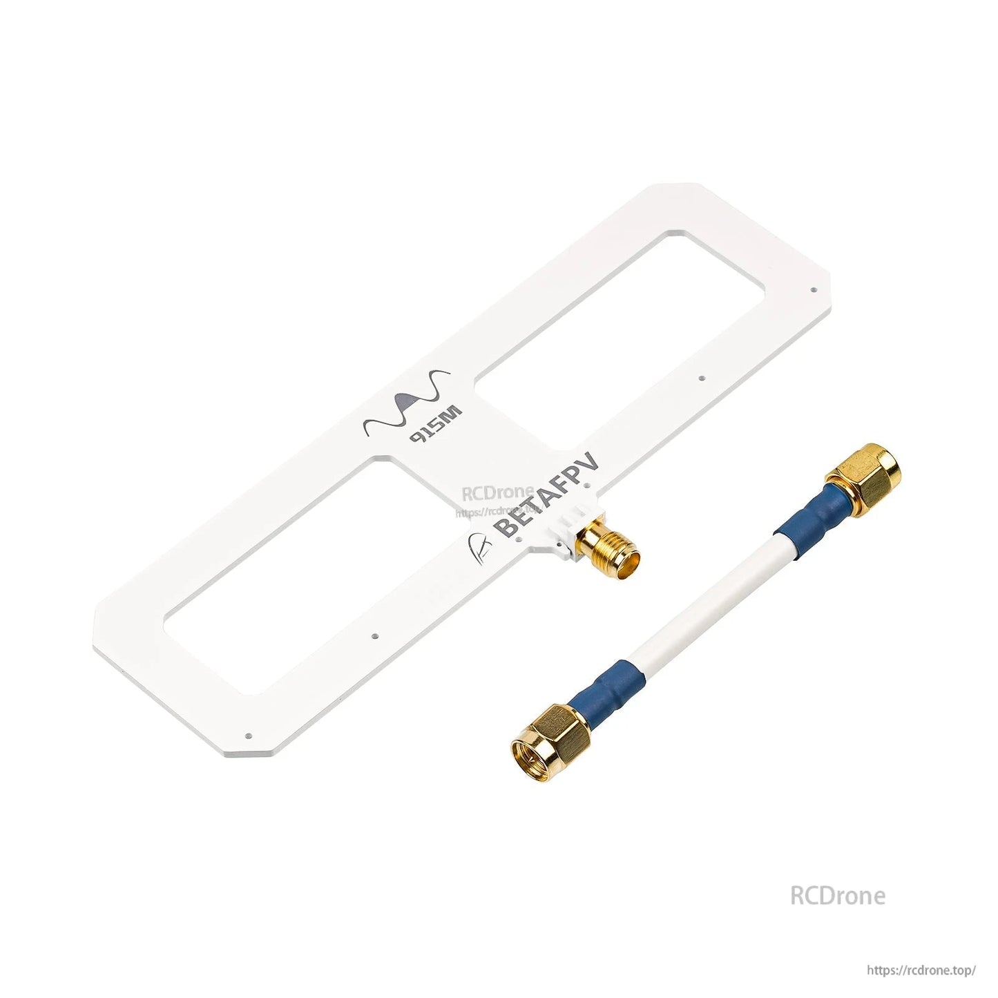 White Moxon antenna marked 915M with separate extension lead and gold connectors shown together