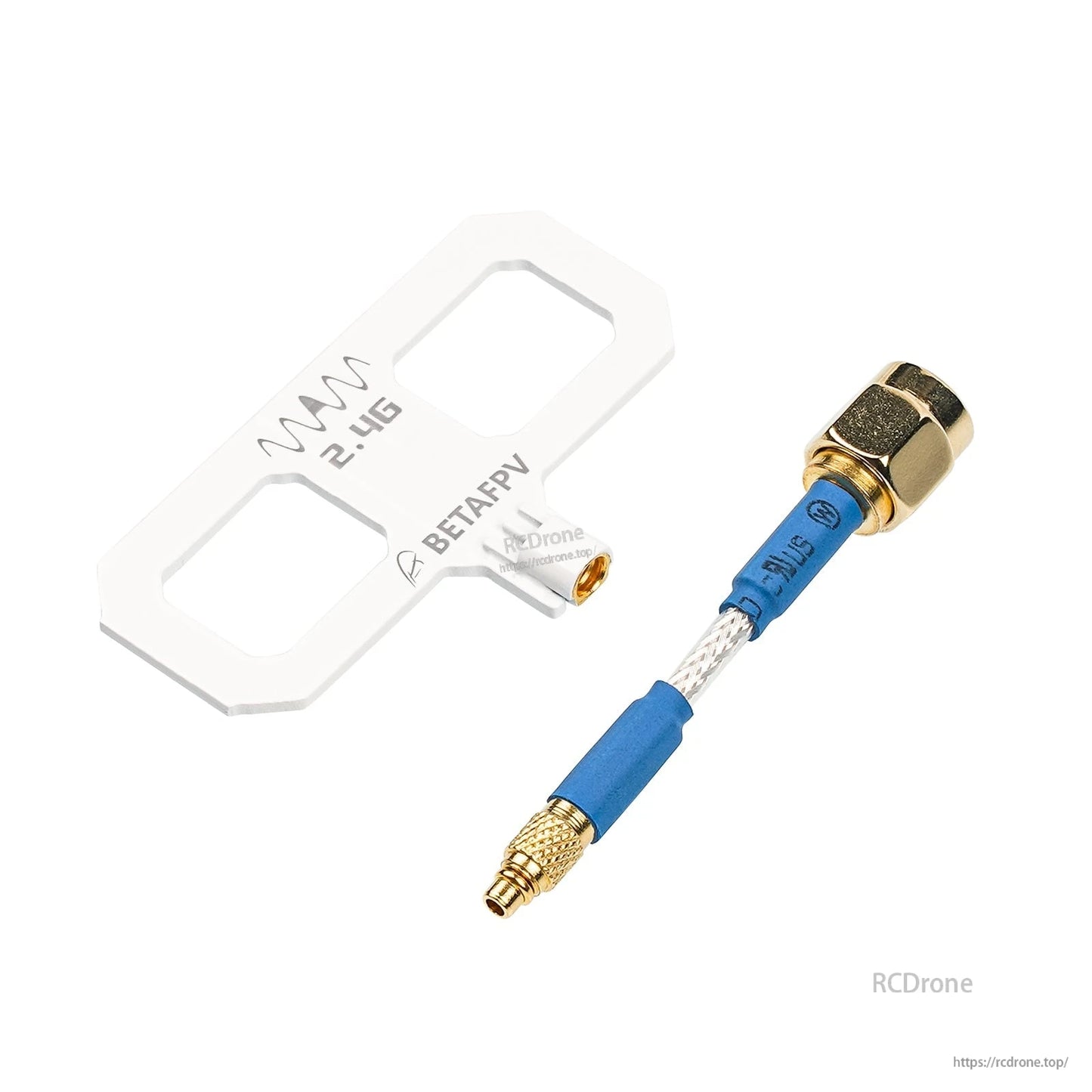 Gold RF connector pigtail close-up shown beside white Moxon antenna panel