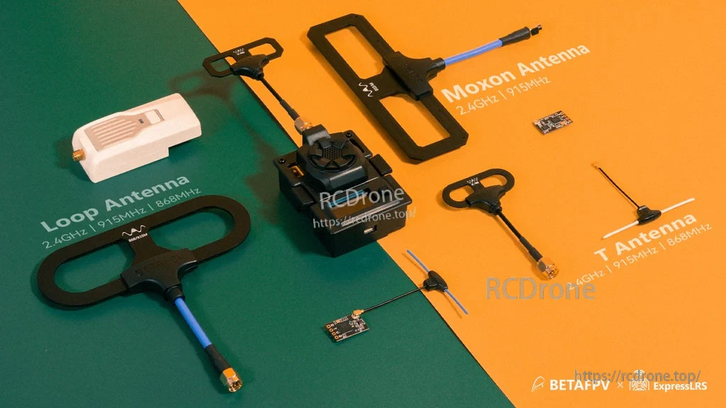BETAFPV Moxon Antenna directional TX module option alongside loop and T-style antennas on desk