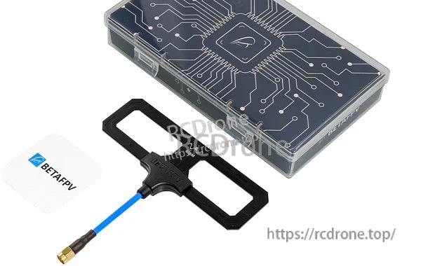 with blue coax lead and SMA male connector next to retail storage case
