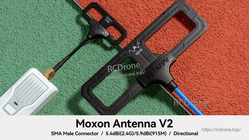 BETAFPV Moxon Antenna V2 close-up with injection-molded cover, coax lead, and SMA male connector