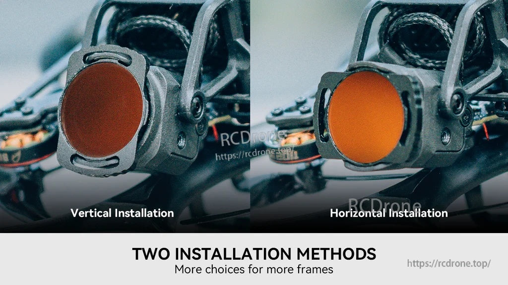 DJI O3 camera filter clip-on mounting shown in vertical and horizontal installation positions