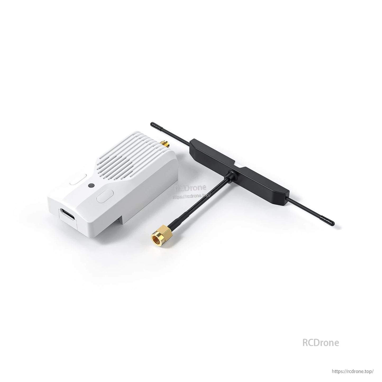 BETAFPV Nano TX V2 Transmitter module with T-style antenna and coax pigtail on white background