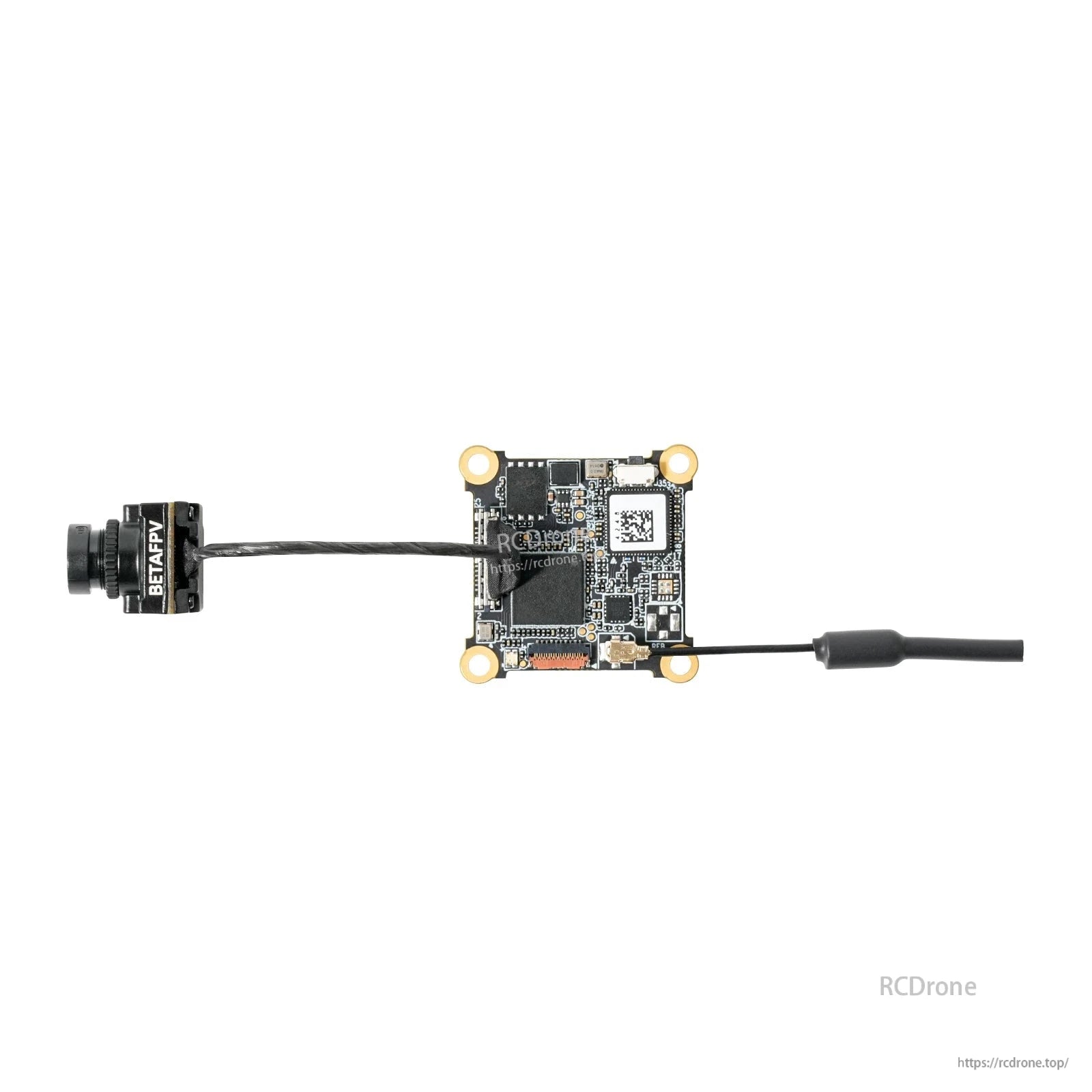 Top-down view of VTX board connected to BETAFPV camera and antenna cable, wiring layout