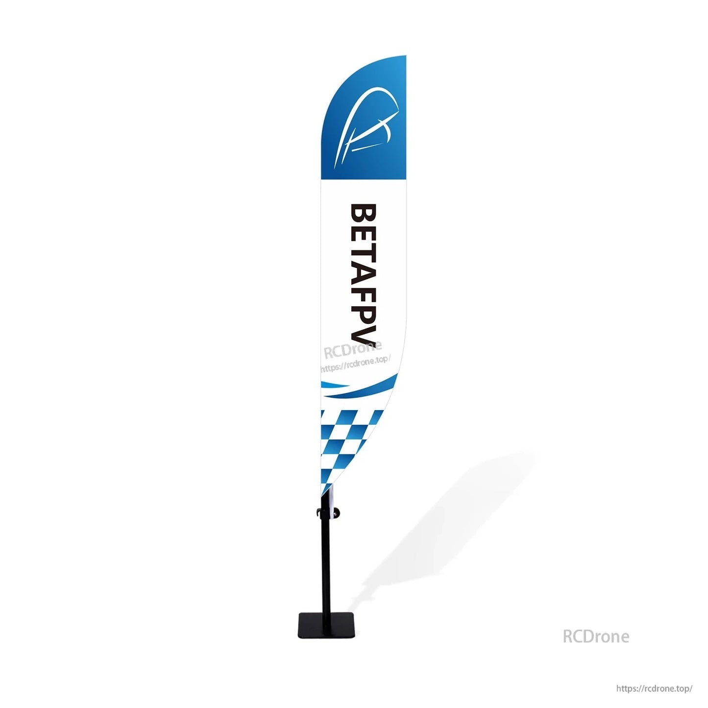 BETAFPV race flag banner on pole and base, blue-and-white check pattern with RCDrone watermark