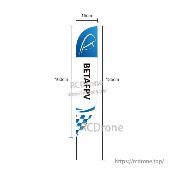BETAFPV race flag size diagram showing 15 cm width and 100 cm/135 cm height options