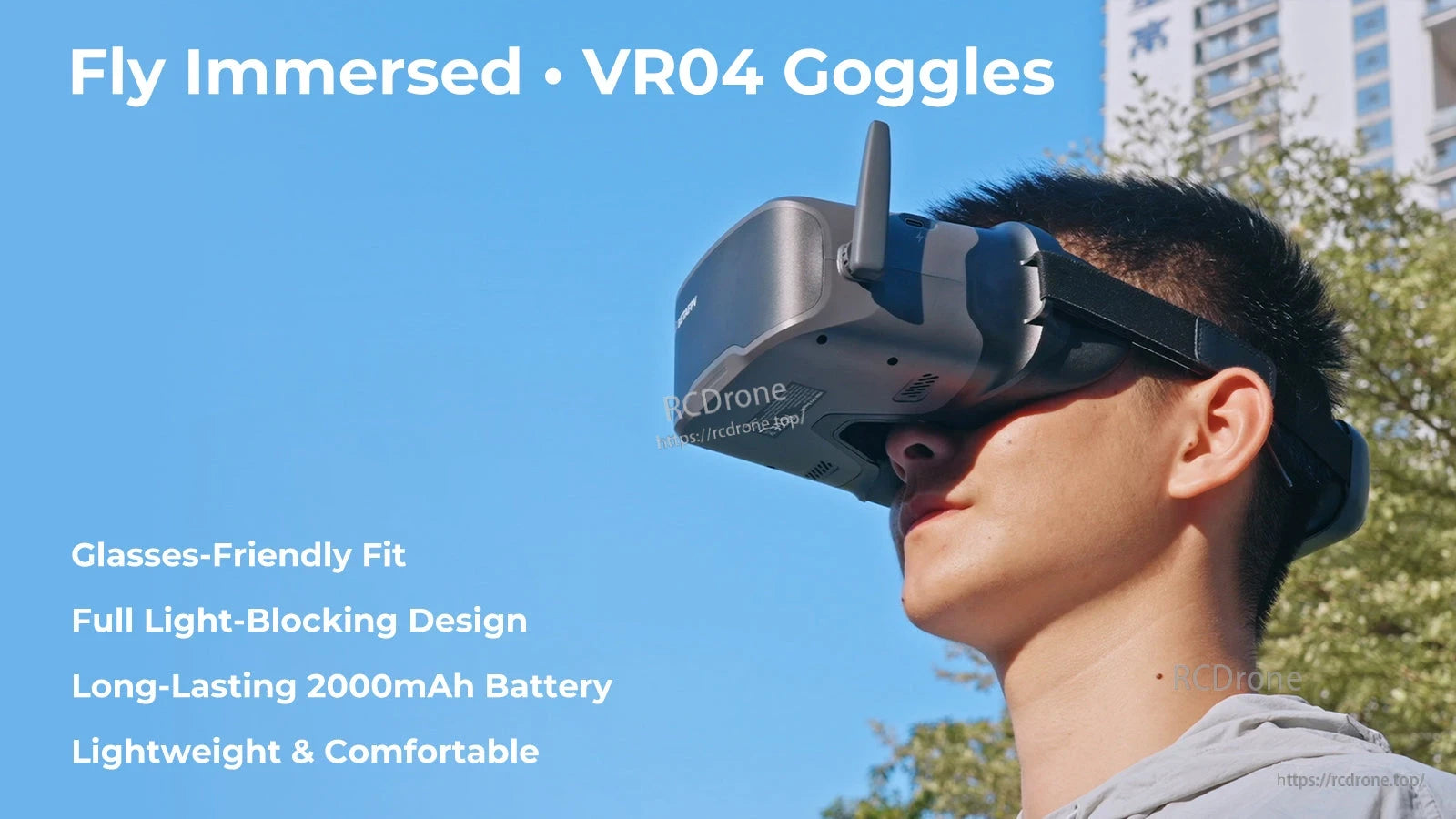 BETAFPV, Fly Immersed VR04 Goggles are lightweight, glasses-friendly, feature light-blocking design, and include a 2000mAh battery for extended use.