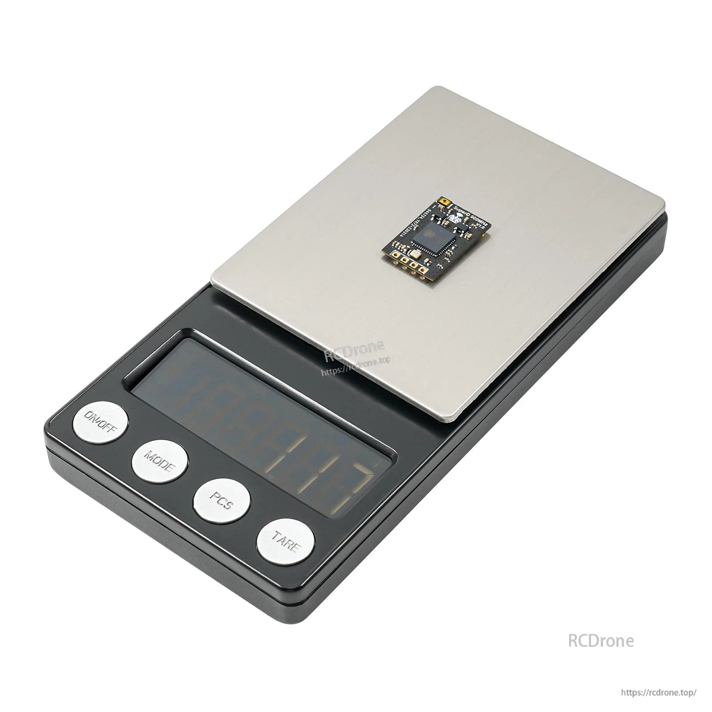 Receiver board placed on digital scale, angled view showing overall footprint and thickness
