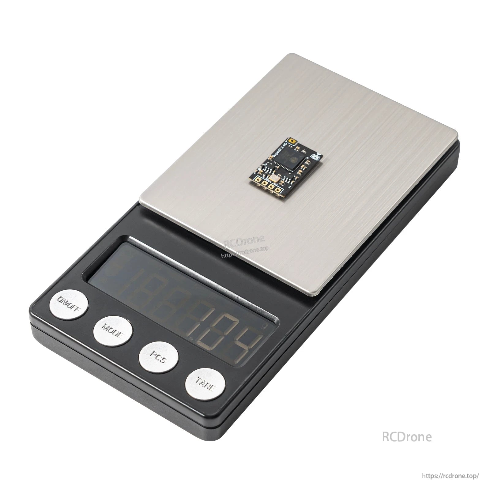 Compact ELRS receiver module on digital pocket scale for size and weight reference