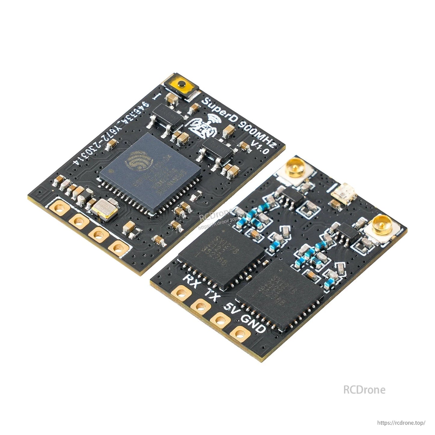 SuperD 900MHz receiver front and back view, showing U.FL connectors and RX TX 5V GND pads